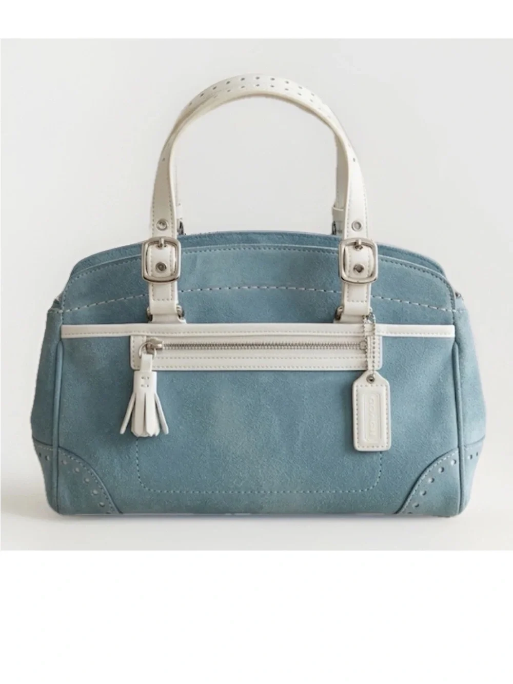 Coach Hamptons Satchel/Wristlet Set, Baby Blue Suede, White Leather Trim VINTAGE